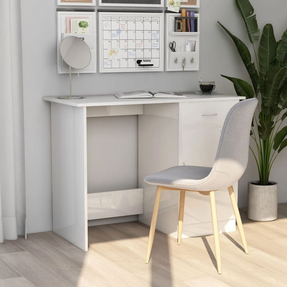 Vidaxl Písací stôl, lesklý biely 100x50x76 cm, drevotrieska